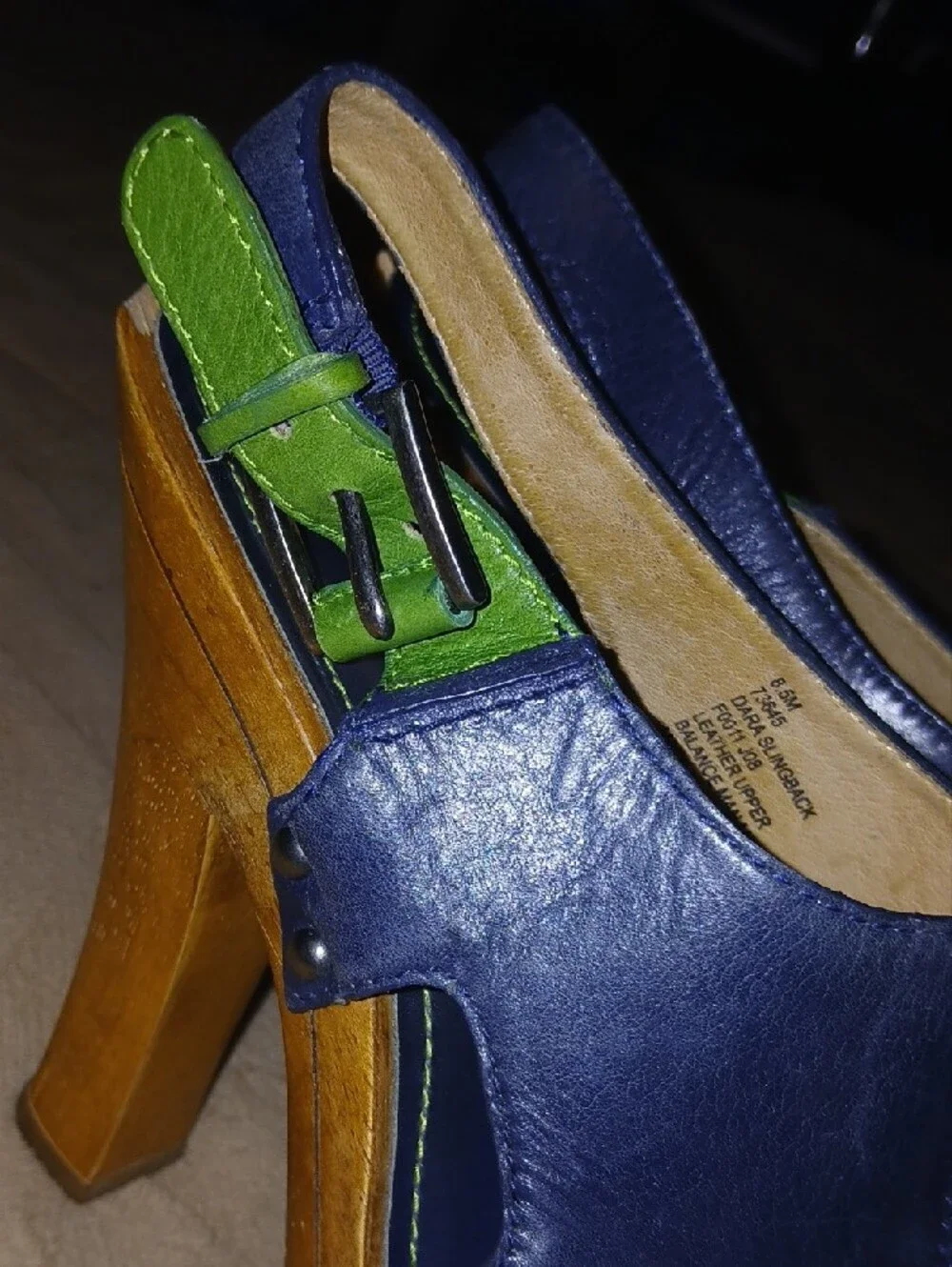 Frye Womens Dara Slingback Black And Green Leather Wooden Heels   Sz: 8.5